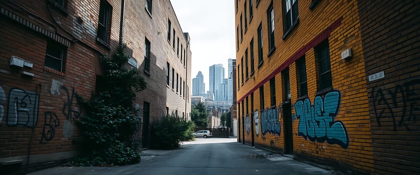 The narrow alleyway, lined with weathered brick buildings, leads the eye towards a distant cityscape. A vibrant blue graffiti mural pops against the warm yellow brick, while verdant foliage creeps along the opposing wall, creating a contrast between urban decay and natural resilience. The scene evokes a sense of mystery and intrigue, inviting the viewer to explore the hidden depths of the city.