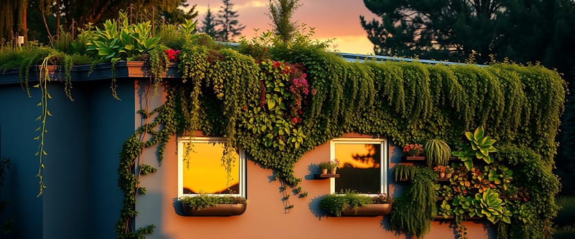 A building is adorned with cascading greenery, its windows reflecting the golden hues of a setting sun. The vibrant green foliage spills over the edges, creating a sense of serenity and tranquility. This intimate setting is reminiscent of a peaceful retreat, bathed in the soft light of twilight.