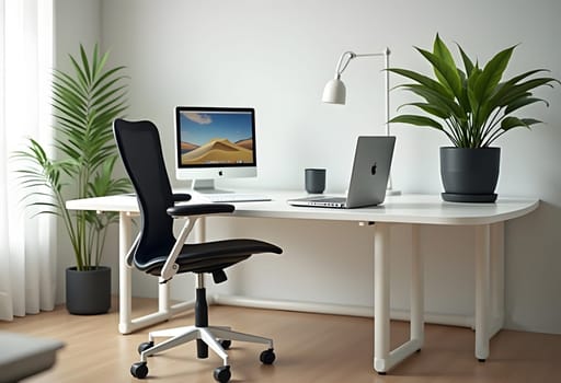 Home office with ergonomic furniture, a laptop, and a desk plant, promoting healthy work habits