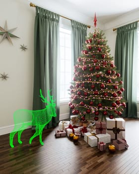 A decorated Christmas tree with colorful ornaments, surrounded by presents and a cheerful green reindeer