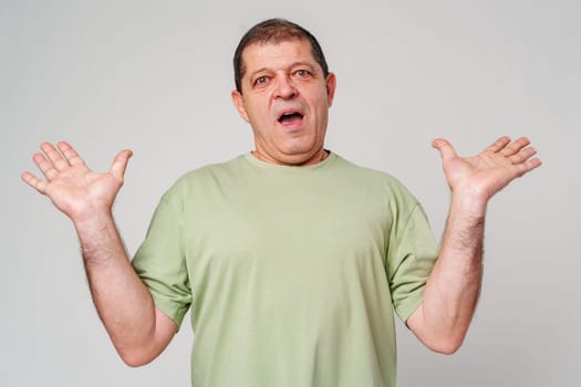 A surprised man in a green shirt expressing astonishment against a light background close up