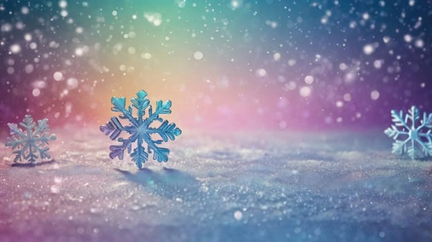 Delicate Snowflake Resting Gracefully on a Vibrant Pastel Rainbow Background in Winter Beauty.