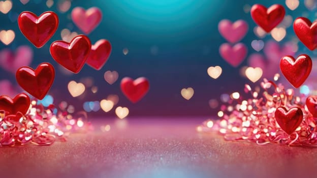Pink and red heart-shaped balloons on a blue background. There is a pink glitter floor..