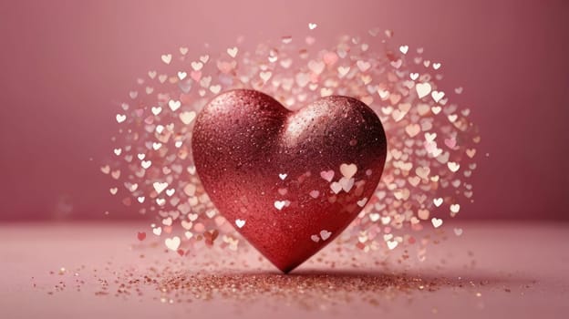 Pink glitter heart on a pink background with scattered heart-shaped glitter.