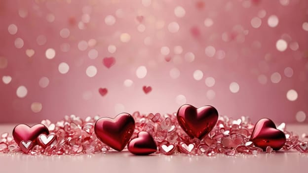 Red and pink heart shape candy decoration on a pink background for Valentines Day.
