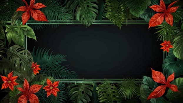 Vibrant Red Anthurium Flowers and Lush Tropical Foliage Border with Dark Background.