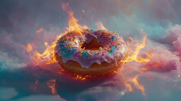 Stunning Colorful Donut on Fire Surrounded by Bright Cotton Candy for Food Lovers.
