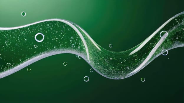 Green Transparent Liquid Gel Wave with Bubbles on Green Background .