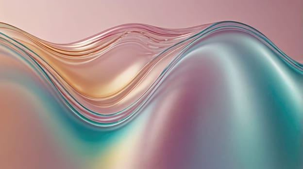 Elegant iridescent wavy fluid shape on pink background, 3D water waves