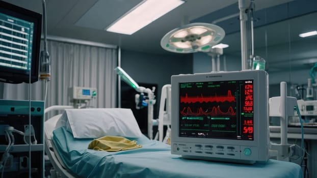 Modern hospital room interior with empty bed and medical equipment.