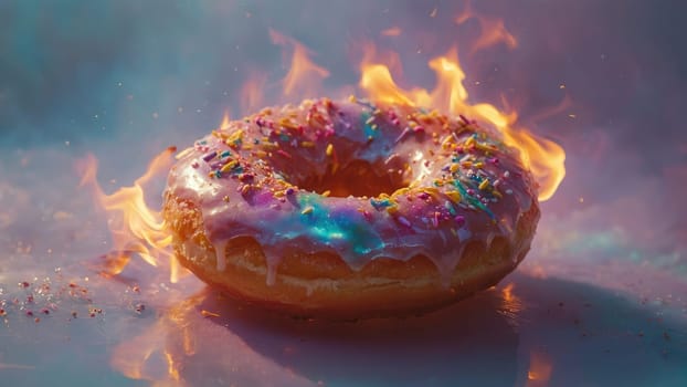 Pink Icing Donut with Rainbow Sprinkles Surrounded by Flames on Reflective Surface.