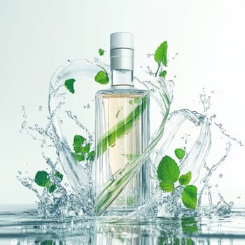 Transparent bottle filled with liquid is standing in the middle of a big splash of water, creating interesting shapes and reflections