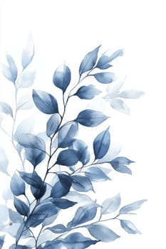 Leaves, tree branches painted with blue watercolor on a white background. High quality photo