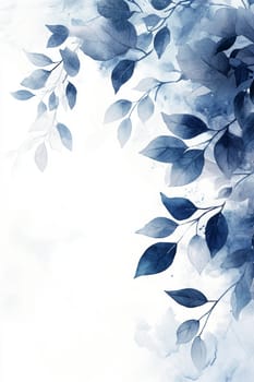 Leaves, tree branches painted with blue watercolor on a white background. High quality photo