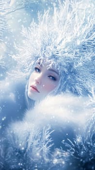 Portrait of a very beautiful woman in a winter forest, a fairy or mistress of the forest walks around her domain. High quality photo