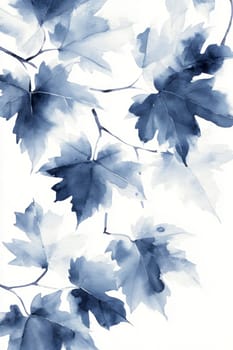Leaves, tree branches painted with blue watercolor on a white background. High quality photo