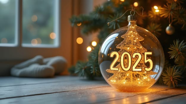 Golden christmas ball ornament containing the year 2025 surrounded by gold glitter on a sparkling background