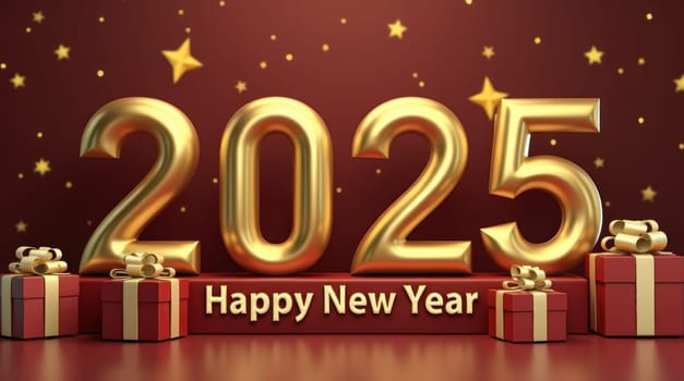 Golden 2025 happy new year lettering with a red gift box is wishing a happy new year 2025