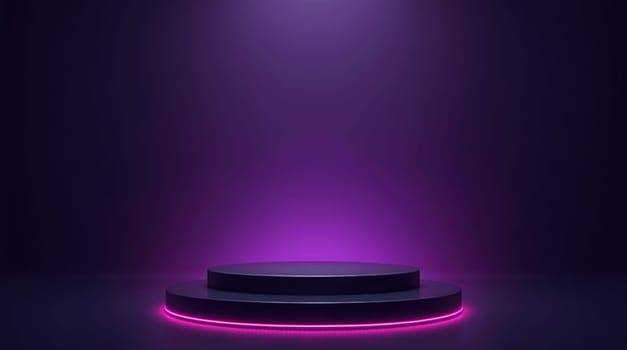 Round black pedestal illuminating purple background with copy space for your product placement