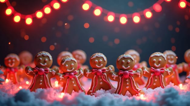 Gingerbread men cookies are standing in the snow with christmas lights glowing in the background