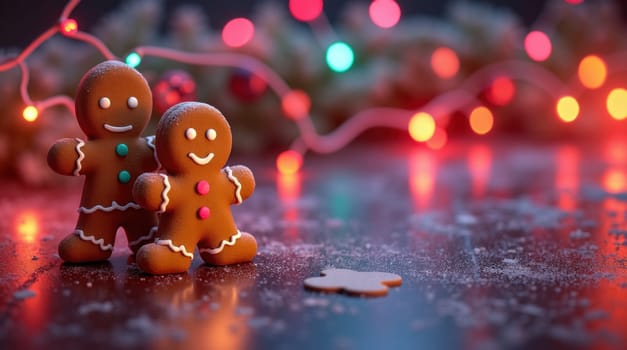 Two gingerbread men are standing on a table with christmas lights in the background and snow on the table