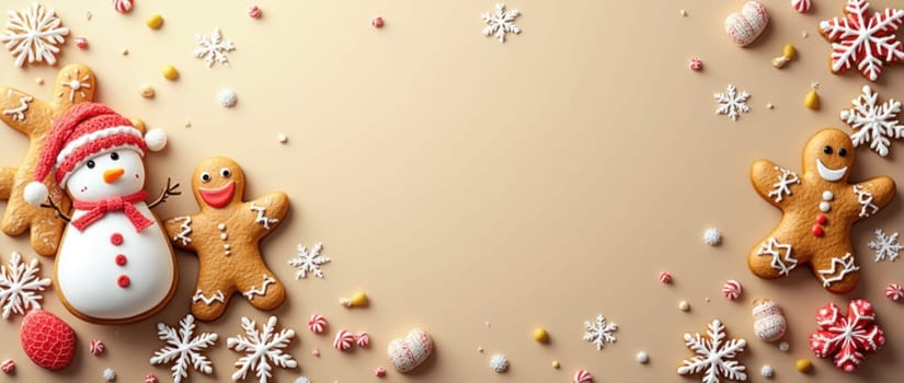 Christmas gingerbread cookies and snowman lying on beige background forming a frame with copy space