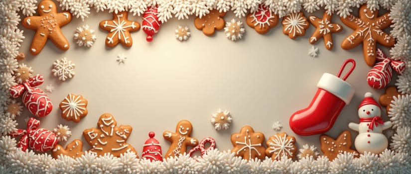 Festive christmas gingerbread frame with a snowman and santa stocking is surrounding a blank space with copy space