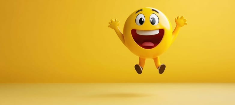 Joyful emoji is jumping in the air, expressing happiness and excitement