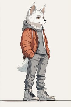 Anthropomorphic white canine with orange eyes is posing with its hands in its pockets