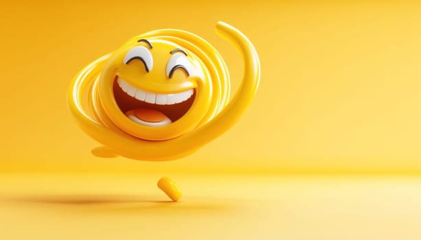 3d illustration of a yellow emoji sun character laughing out loud with its tongue out on a yellow background