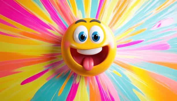 3d rendering of a funny yellow emoji sticking out its tongue on colorful background