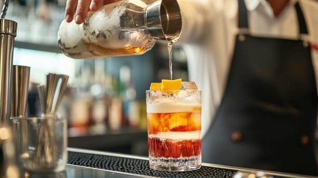 Bartender is pouring a cocktail from a shaker into a glass at a bar counter