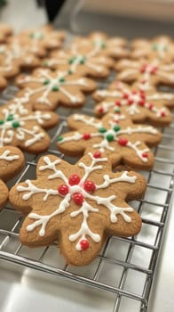 Freshly baked gingerbread cookies decorated with white icing and red and green sprinkles cooling on a rack
