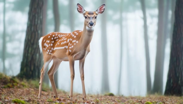 Young sika deer is standing in a forest on a foggy morning