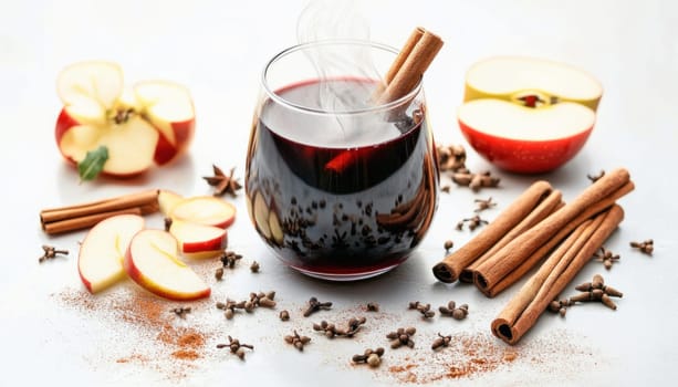 Aromatic mulled wine is warming up with cinnamon sticks, cloves and apple slices