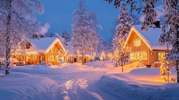 Cozy wooden cabins are glowing with christmas lights during a snowy winter night