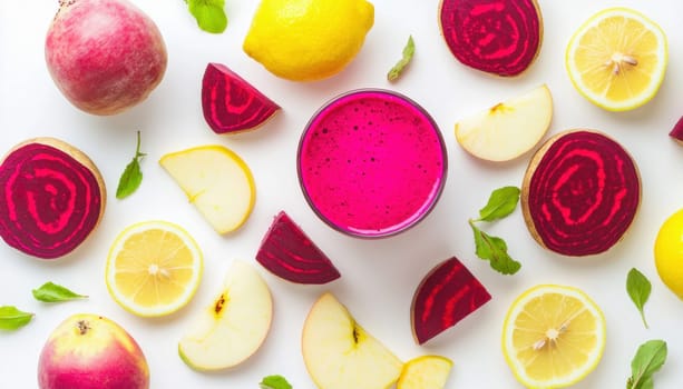 Glass of detox juice surrounded by apples, lemons, beets and mint leaves on white background
