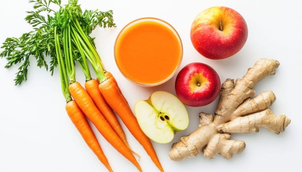 Glass of healthy carrot juice is surrounded by fresh carrots, apples and ginger on a white surface