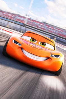 Orange race car smiling and speeding on a racetrack