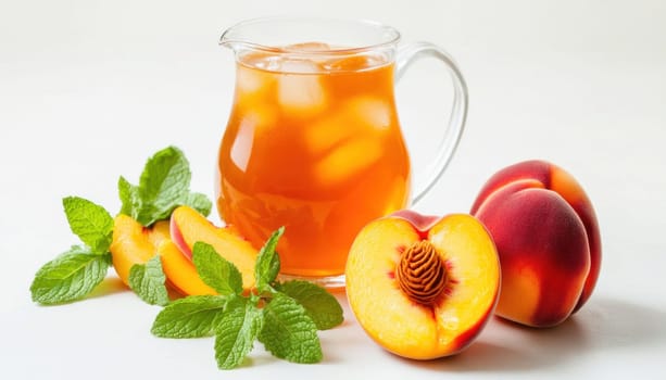 Glass pitcher filled with refreshing peach iced tea surrounded by fresh peaches and mint leaves