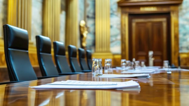 Papers are laid out on a large conference table in a luxurious room, awaiting the arrival of politicians