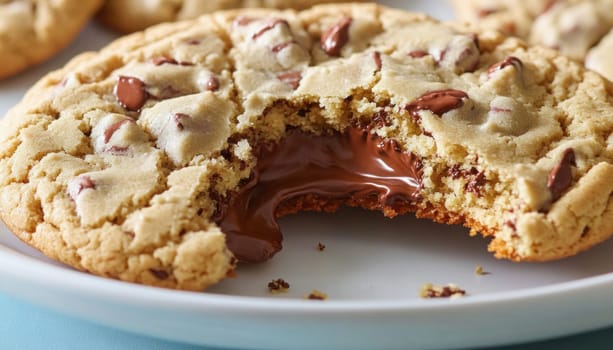 Chocolate chip cookie breaking open revealing melted gooey chocolate