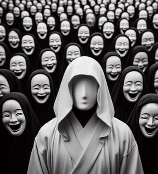 A man is standing in front of a crowd of people, all of whom are smiling. The man is wearing a hooded robe and a mask, and he is the center of attention. The scene is cheerful and lighthearted