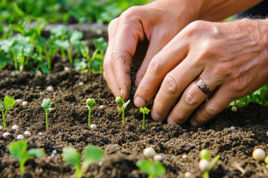 Farmer taking care of small plants growing in his vegetable garden