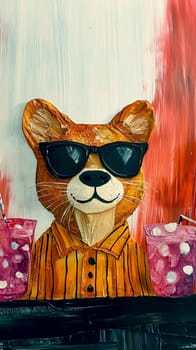 Painting of a cool dog wearing sunglasses and drinking cocktails at the bar, with thick paint strokes. The dog is wearing a yellow shirt and is sitting at a table with a black tablecloth