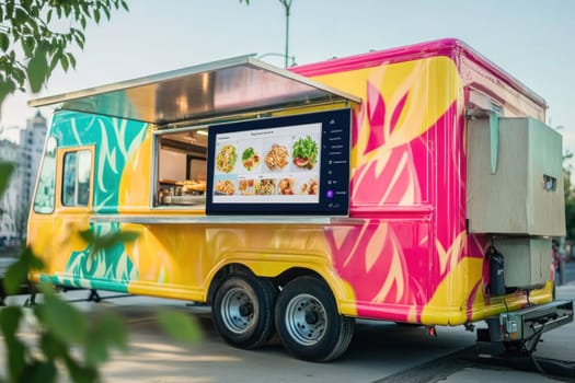 Brightly painted food truck is parked on the street, with its digital menu brightly lit and open for business