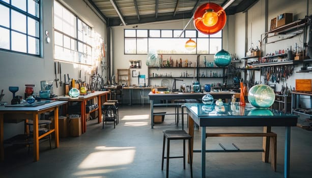 Bright glassblowing workshop interior with workbenches, tools, and colorful hand blown glass objects