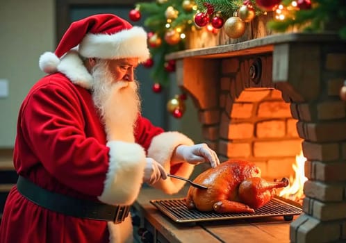 Santa claus wearing protective gloves checking christmas turkey near fireplace at home
