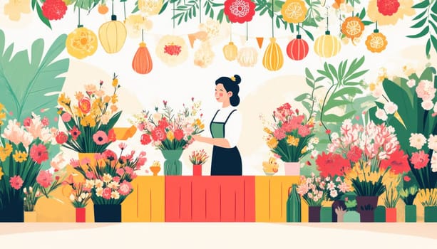 Florist is arranging a bouquet of flowers in her shop decorated with hanging lanterns