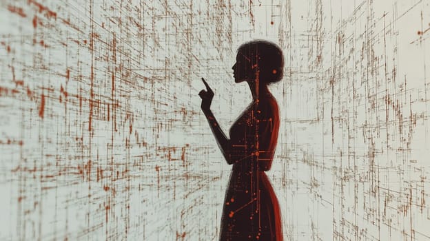 Young woman is touching a futuristic digital interface composed of lines and dots, evoking the concept of artificial intelligence